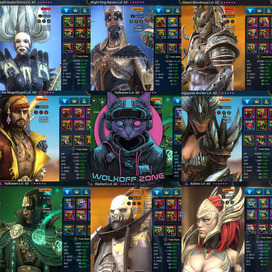 Mid-Game!2 Mythic 68 Legend!Krixia,Gharol,Narses,Valkanen,Archer,Warlord,2xHarima,Rotos!High resources!Shards+Soulstones!70K Energy!3K Gems!Changeable Mail!